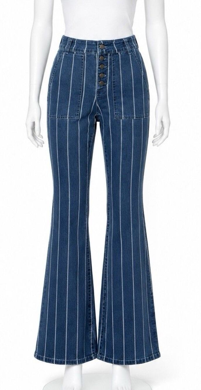 GB Striped Flare Jeans Women’s 3 High Rise Med Wash Button Front Boho Y2K 70s